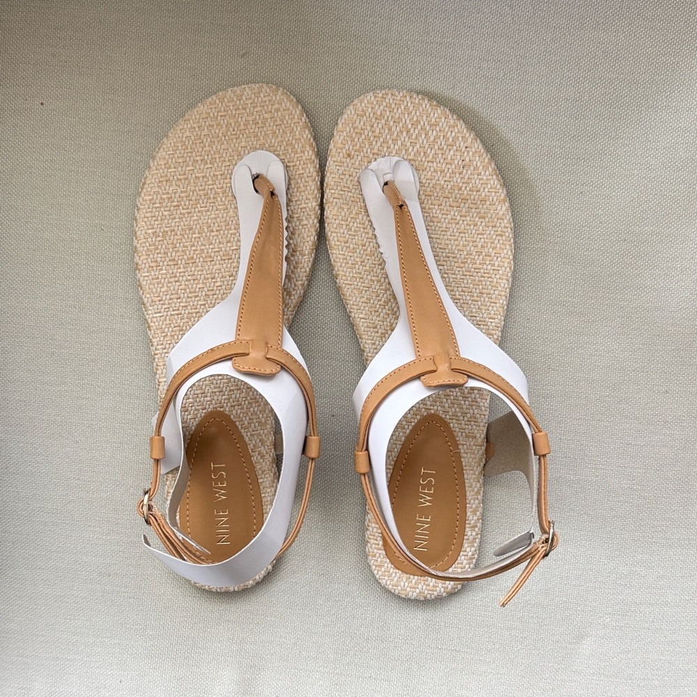 Nine West White and Tan T-Strap Sandals